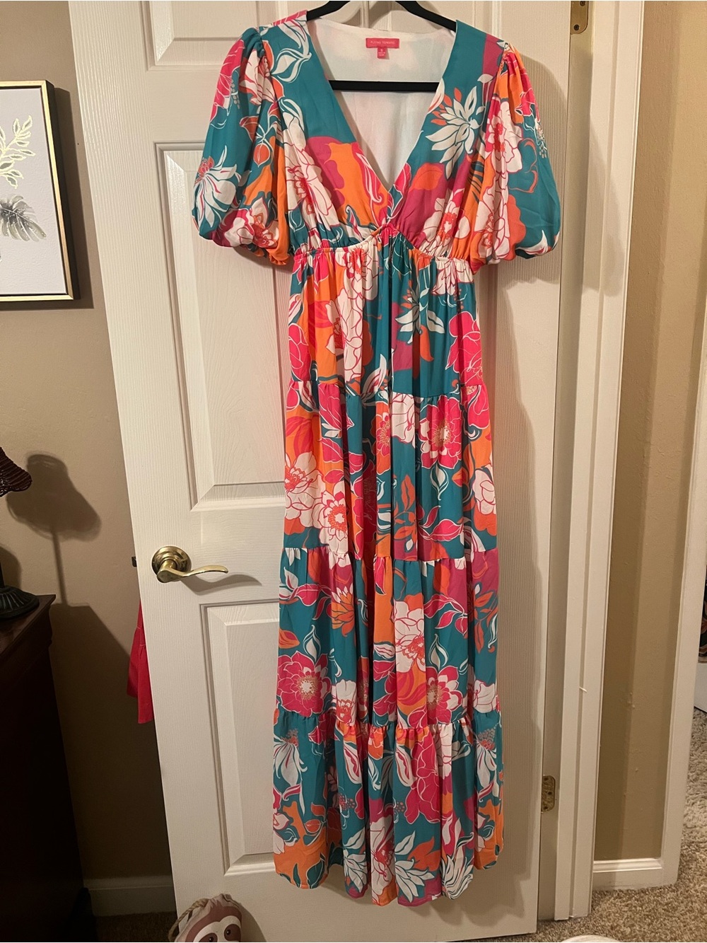 NWOT Flying Tomato Teal Floral Puff Sleeve Maxi Dress w Pink and Orange Accent S